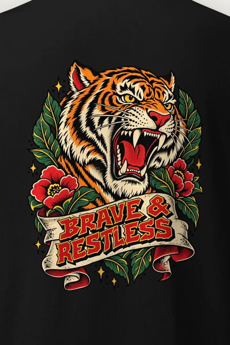 "Brave & Restless" Heavyweight Unisex Crewneck T-shirt - the graphic up close