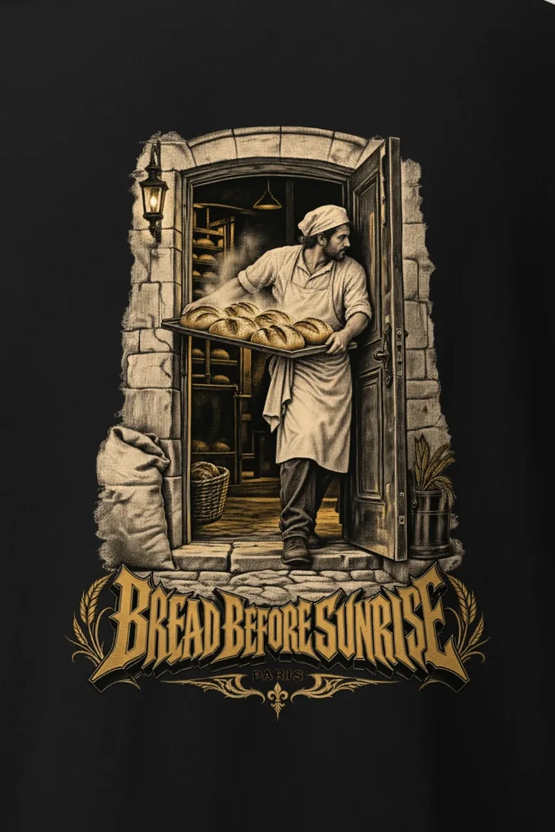 "Bread Before Sunrise Paris" Heavyweight Unisex Crewneck T-shirt - the graphic up close