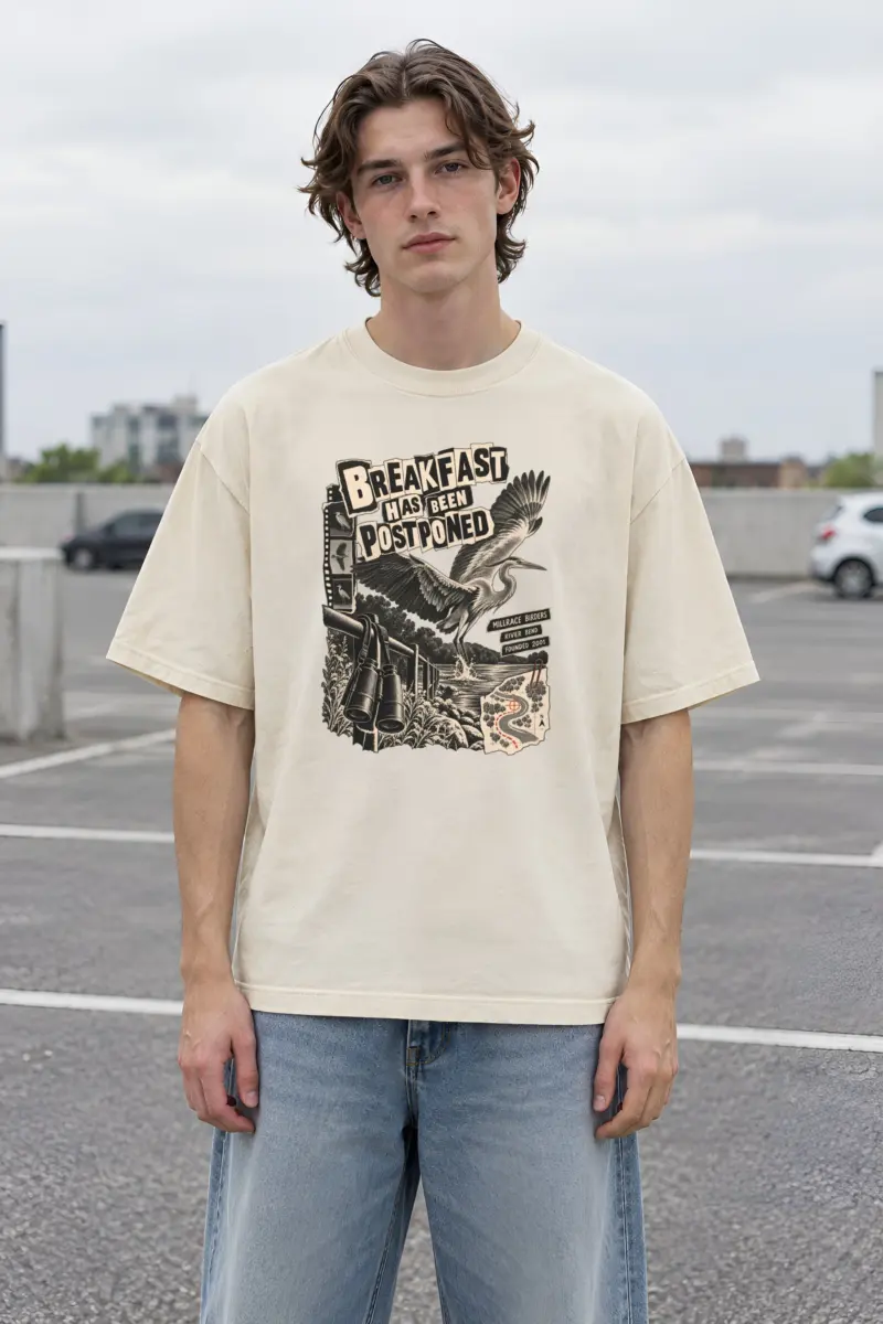 “Breakfast Has Been Postponed” Men’s Oversized Heavyweight Crewneck T-Shirt