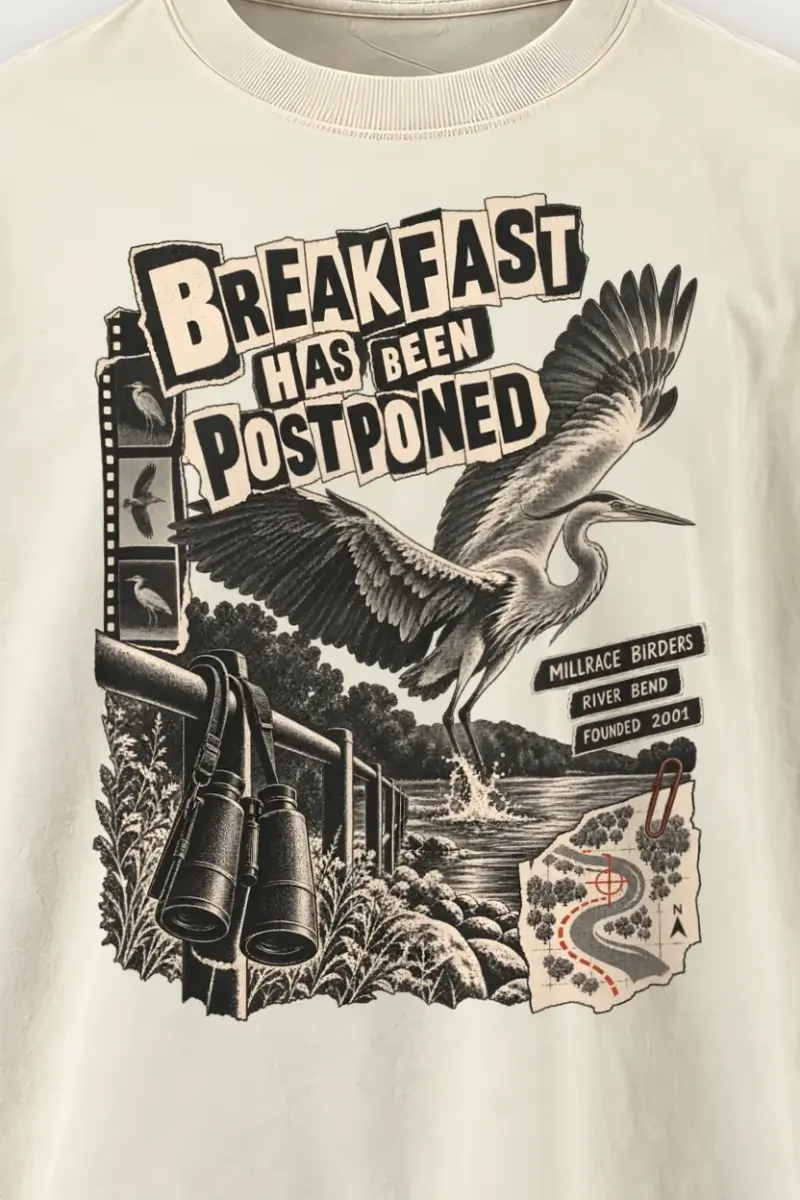 "Breakfast Has Been Postponed" Men’s Oversized Heavyweight Crewneck T-Shirt - the graphic up close