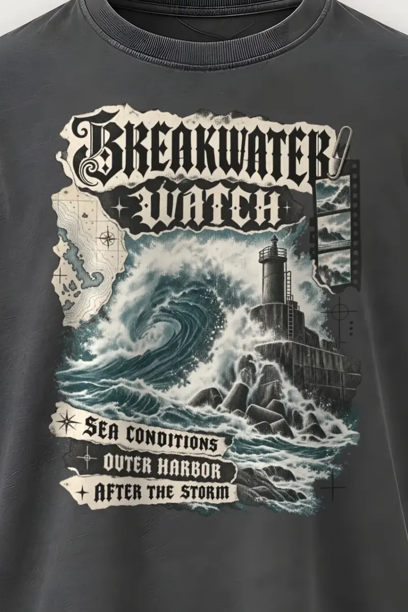 "Breakwater Diary" Men’s Oversized Heavyweight Crewneck T-Shirt - the graphic up close