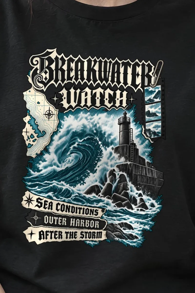 "Breakwater Watch" Heavyweight Unisex Crewneck T-shirt - the graphic up close