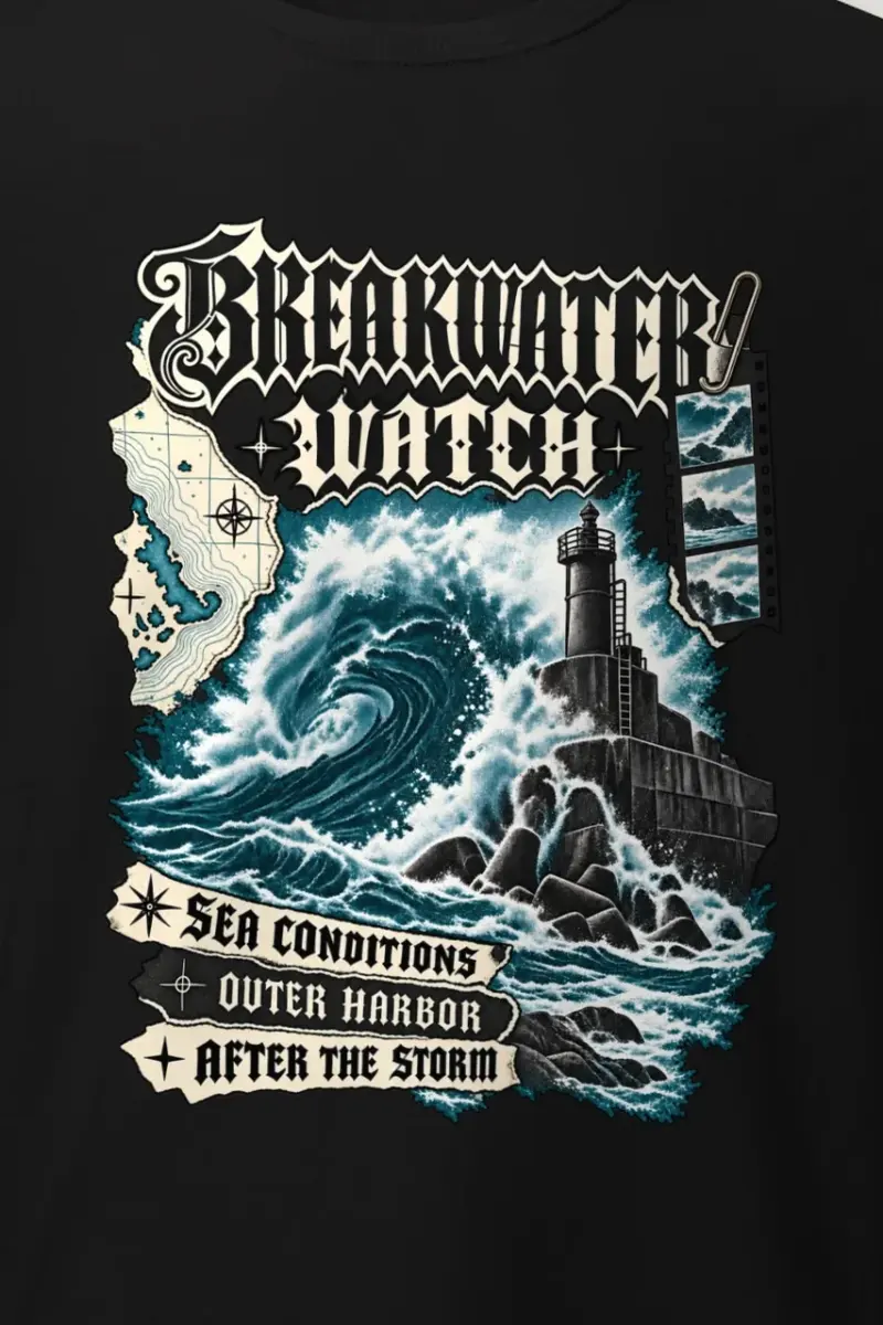 "Breakwater Watch" Heavyweight Unisex Crewneck T-shirt - the graphic up close