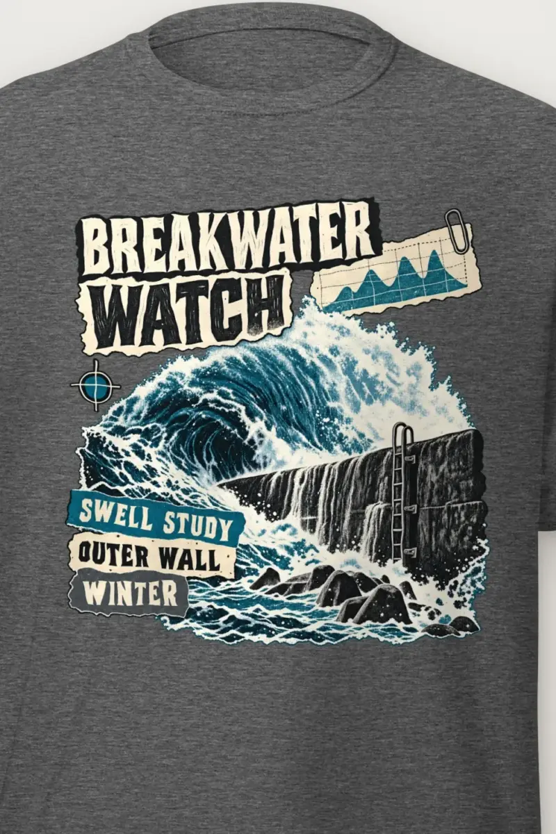 "Breakwater Watch Swell Study" Heavyweight Unisex Crewneck T-shirt - the graphic up close