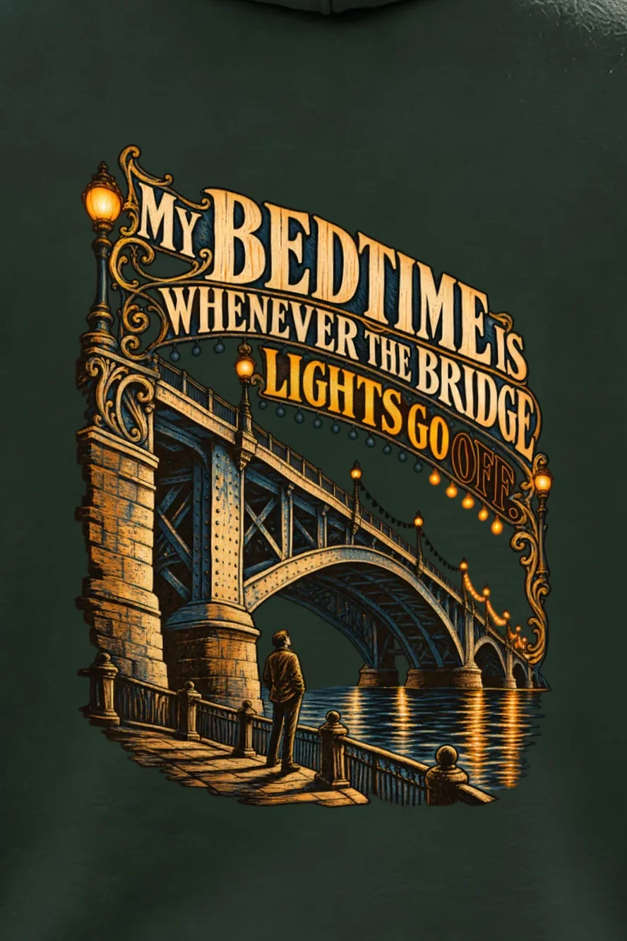 "Bridge Lights Bedtime" Unisex Pullover Hoodie - the graphic up close