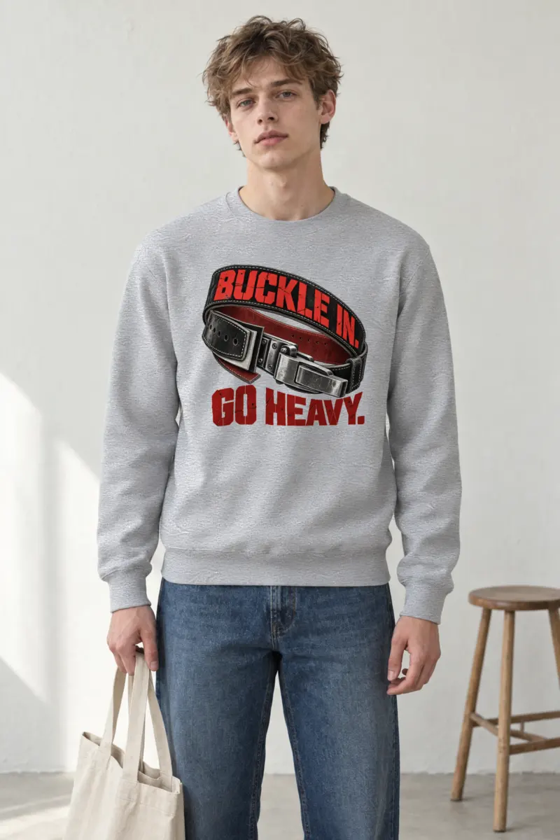 "Buckle In. Go Heavy." Heavy Blend Unisex Crewneck Sweatshirt