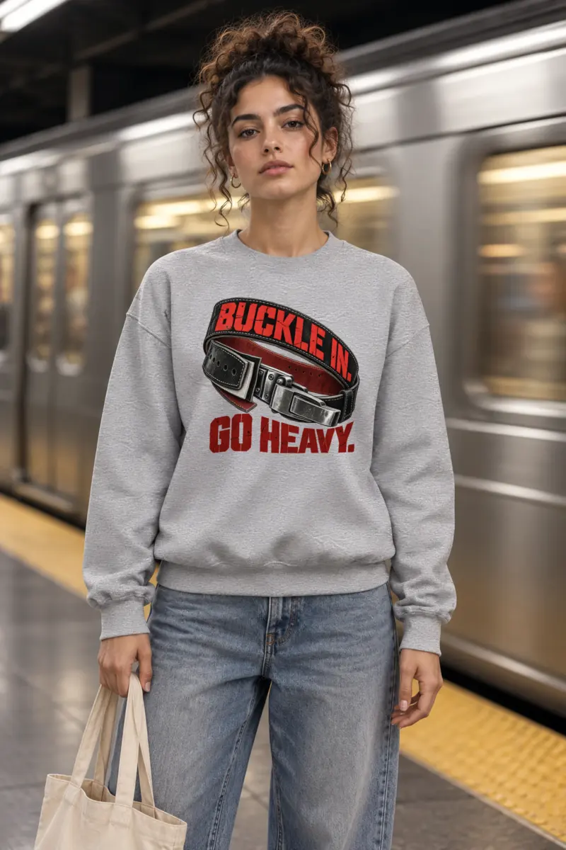 "Buckle In. Go Heavy." Heavy Blend Unisex Crewneck Sweatshirt
