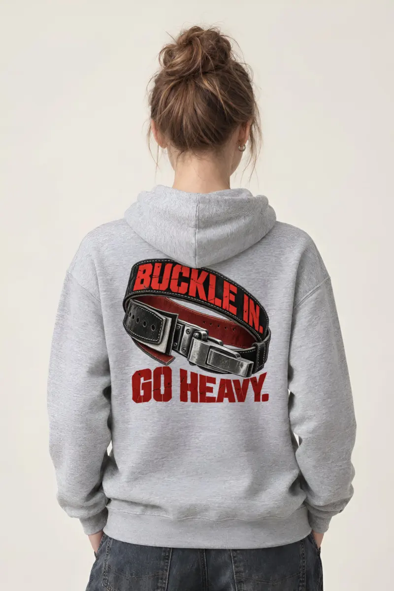 “Buckle In. Go Heavy.” Heavy Blend Unisex Pullover Hoodie