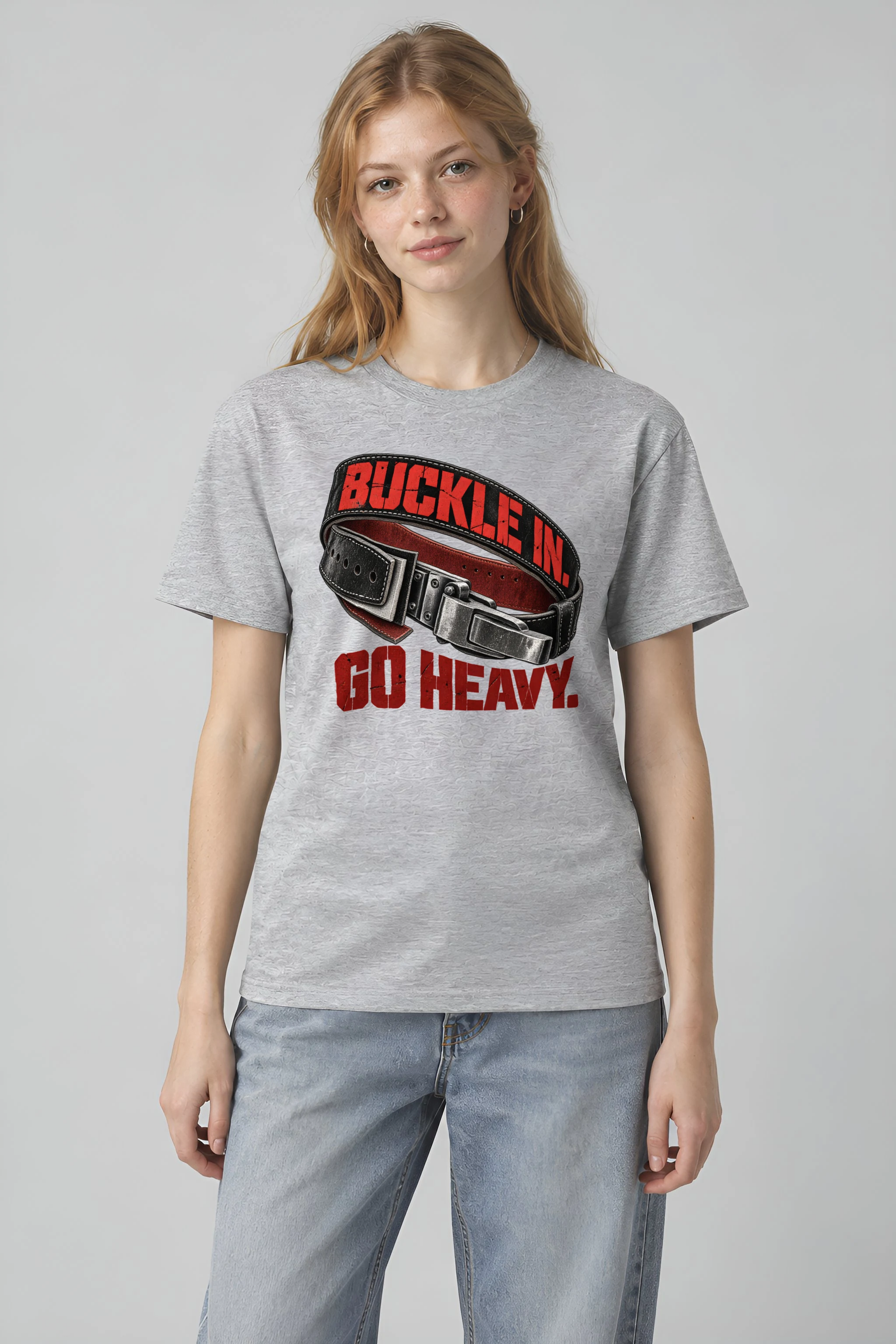 "Buckle In. Go Heavy." Heavyweight Unisex Crewneck T-shirt
