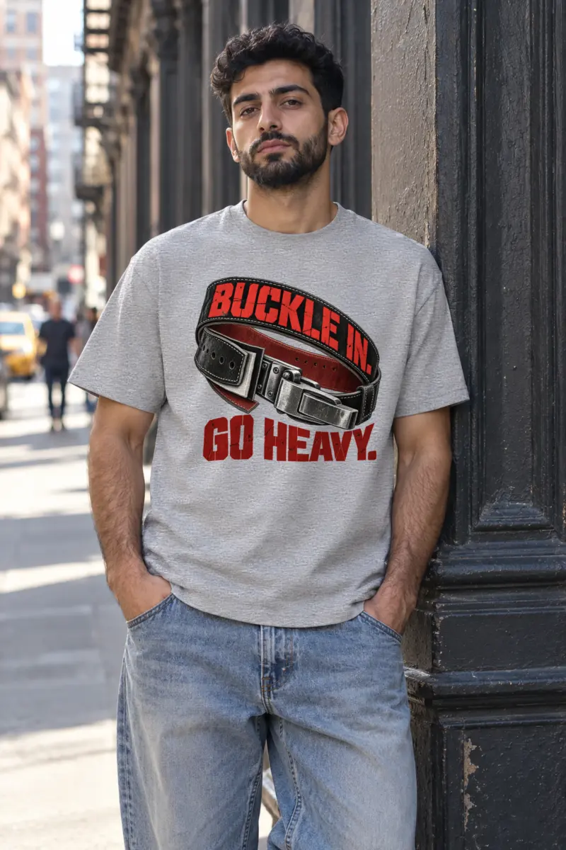 "Buckle In. Go Heavy." Heavyweight Unisex Crewneck T-shirt