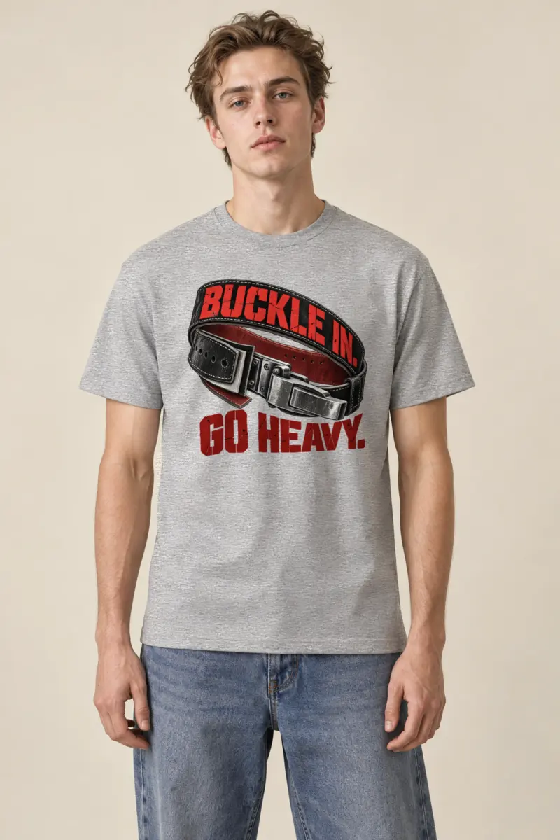 "Buckle In. Go Heavy." Heavyweight Unisex Crewneck T-shirt
