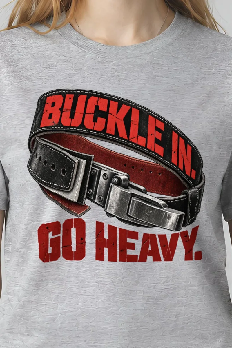 "Buckle In. Go Heavy." Heavyweight Unisex Crewneck T-shirt - the graphic up close