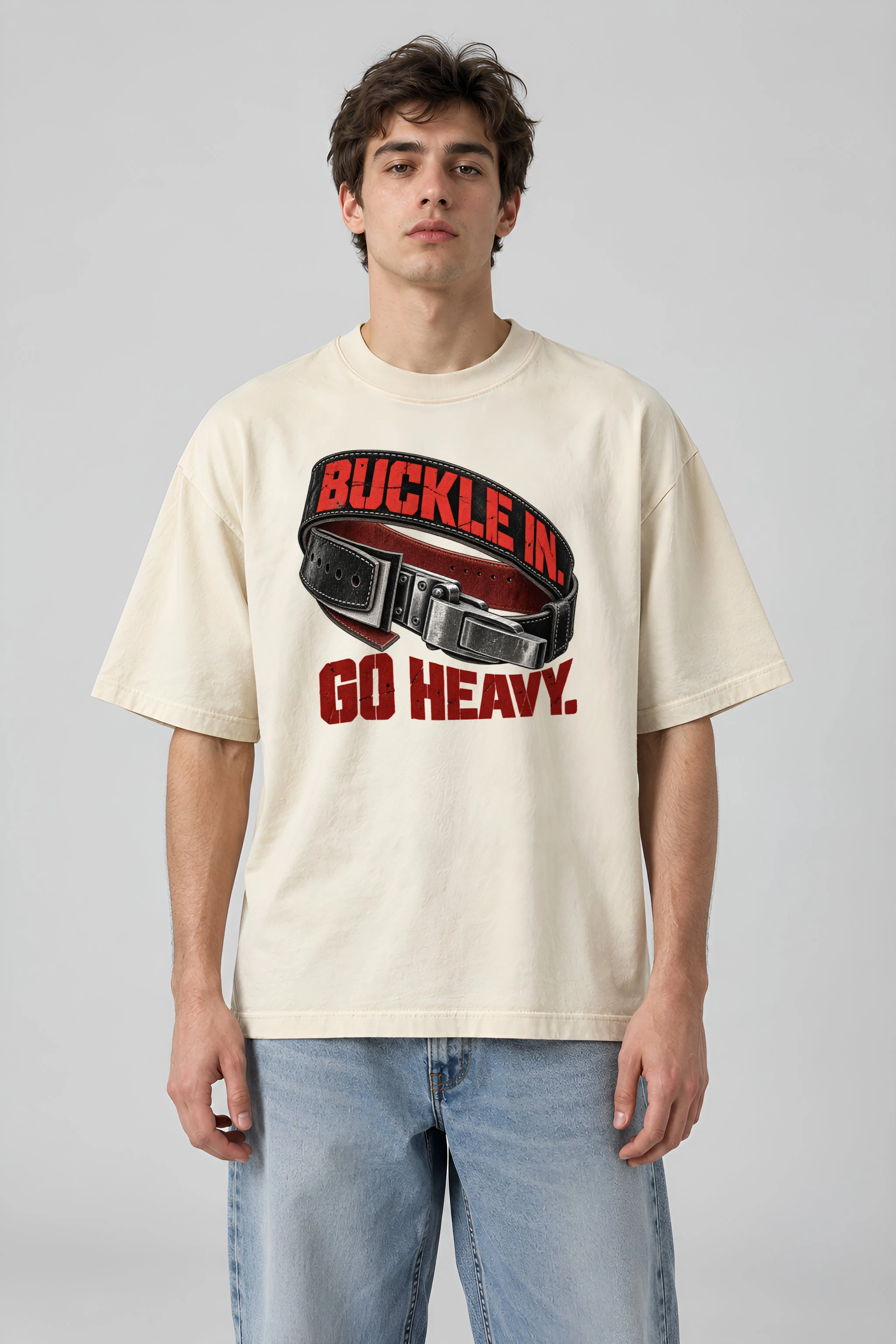 "Buckle In. Go Heavy." Men's Oversized Heavyweight Crewneck T-Shirt