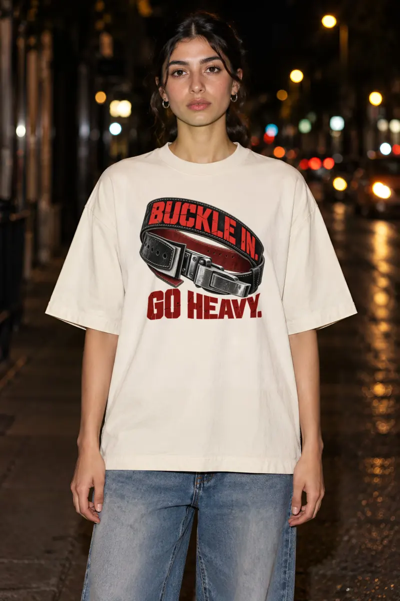 "Buckle In. Go Heavy." Unisex Oversized Heavyweight Crewneck T-Shirt