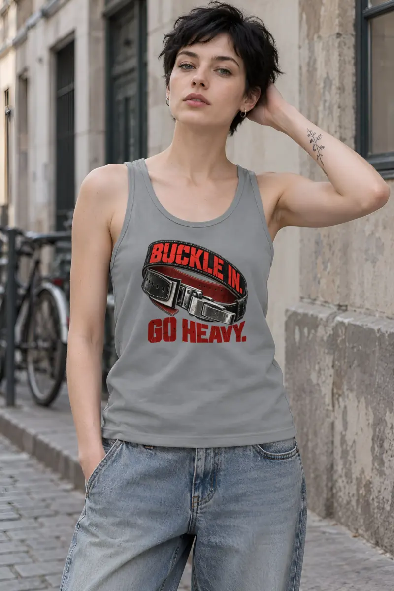 "Buckle In. Go Heavy." Unisex Jersey Tank