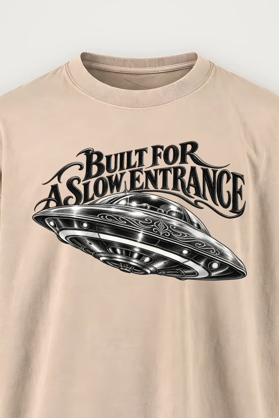 "Built for a Slow Entrance" Men’s Oversized Heavyweight Crewneck T-Shirt - the graphic up close