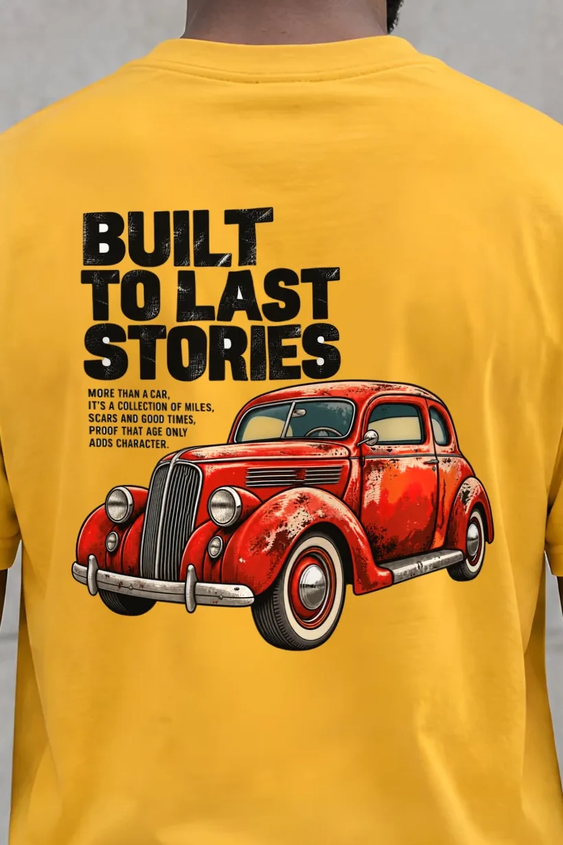 "Built To Last Stories" Heavyweight Unisex Crewneck T-shirt - the graphic up close
