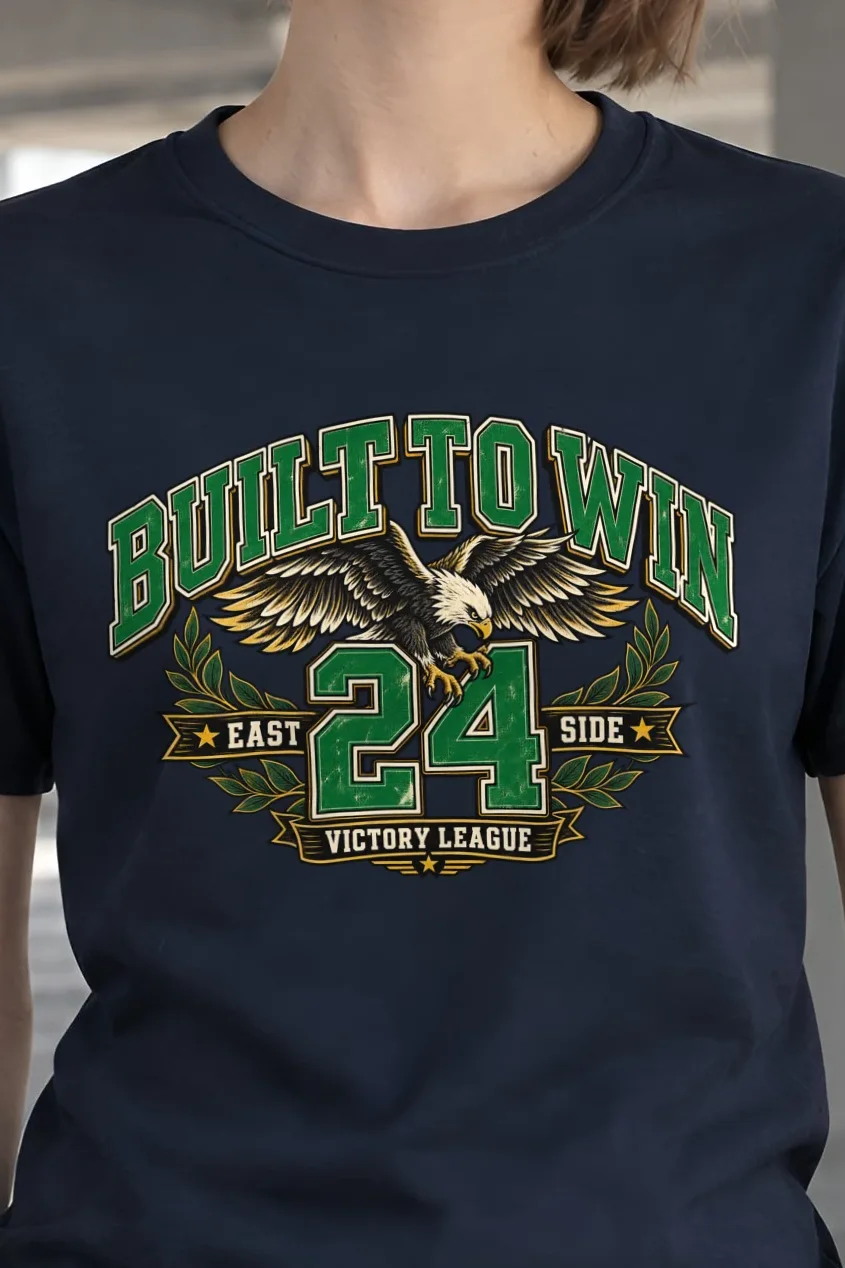 "Built To Win" Heavyweight Unisex Crewneck T-shirt - the graphic up close