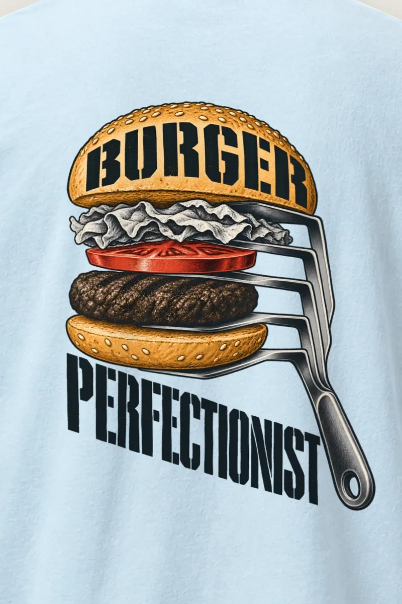 "Burger Perfectionist" Heavyweight Unisex Crewneck T-shirt - the graphic up close