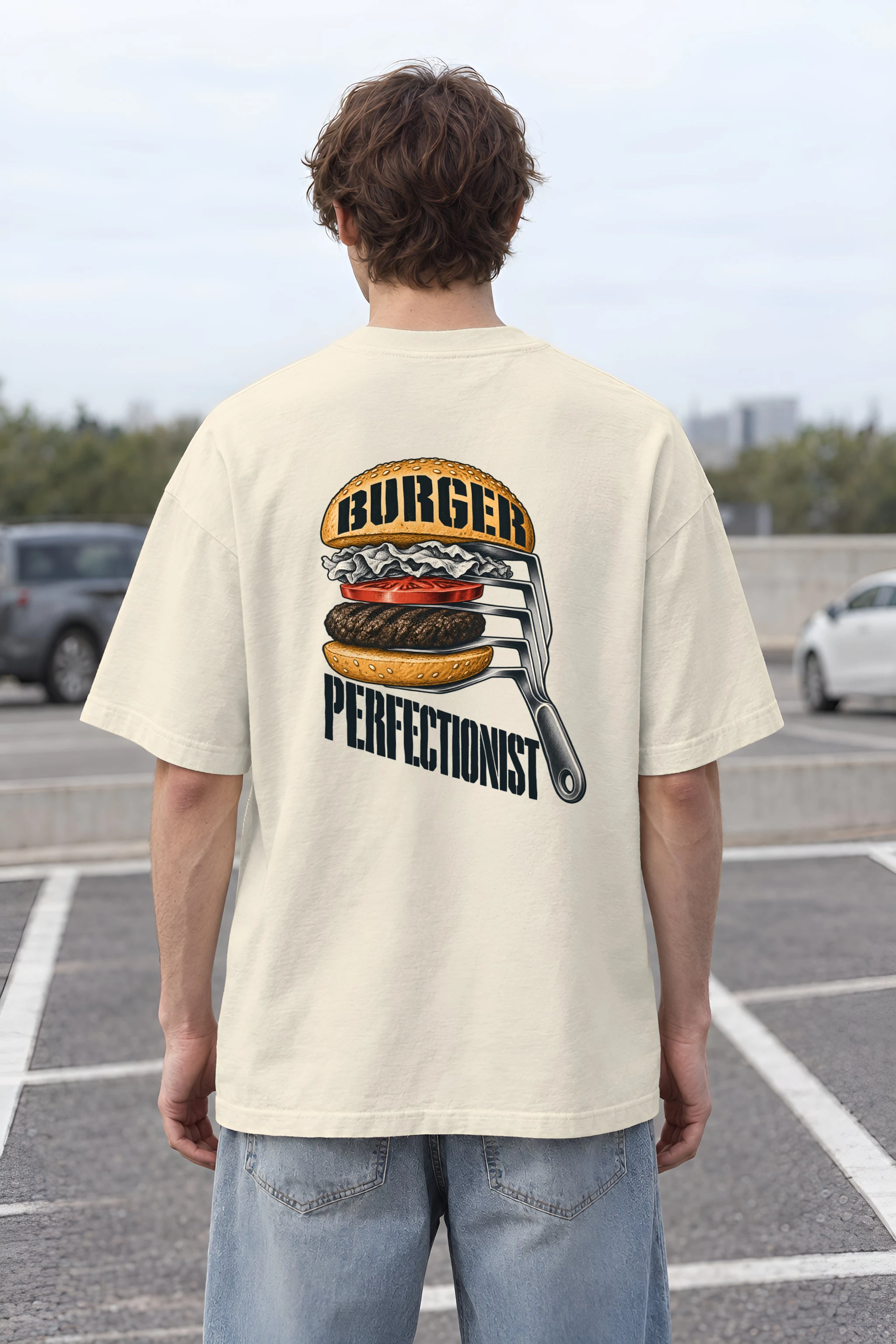 "Burger Perfectionist" Men's Oversized Heavyweight Crewneck T-Shirt