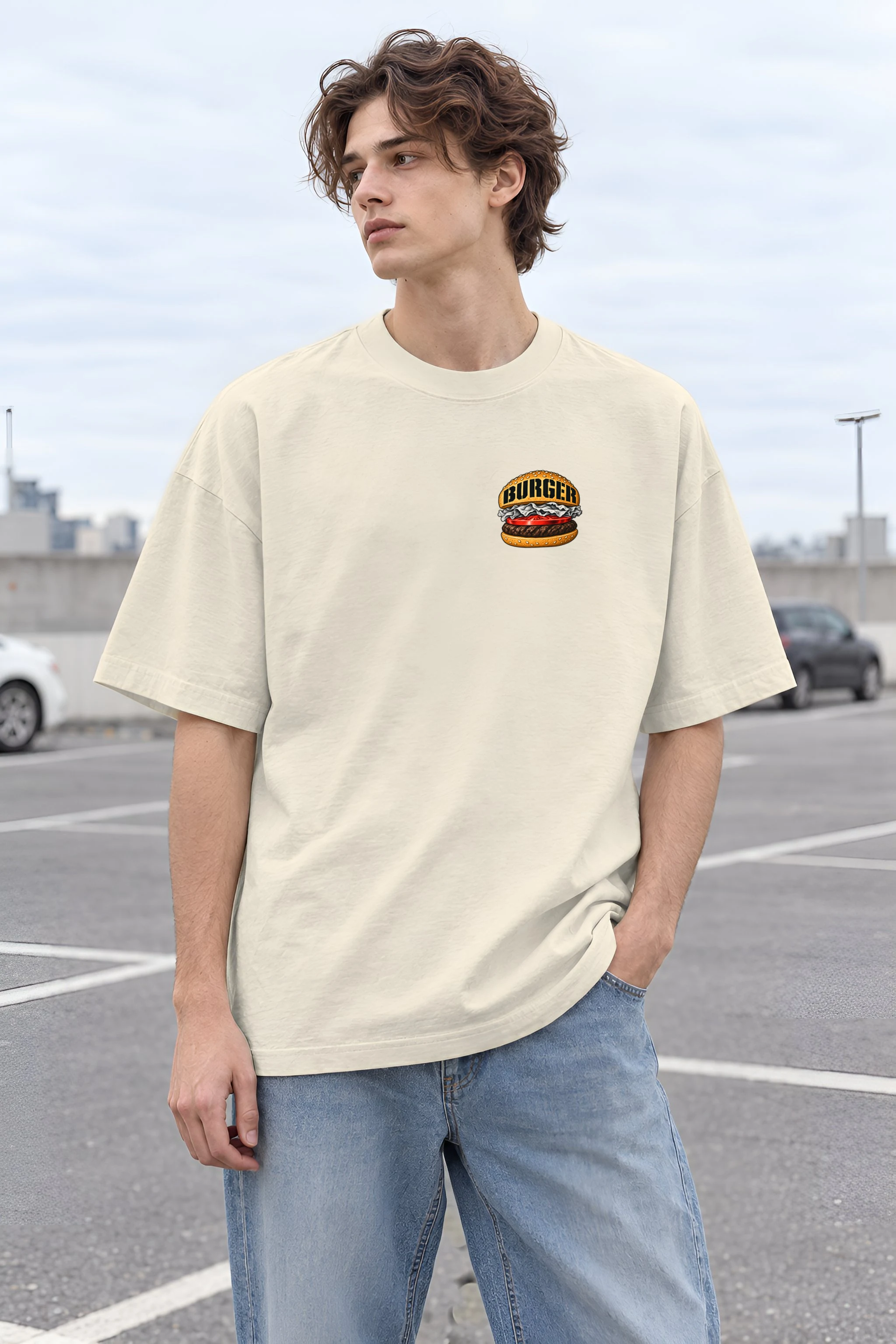"Burger Perfectionist" Men's Oversized Heavyweight Crewneck T-Shirt
