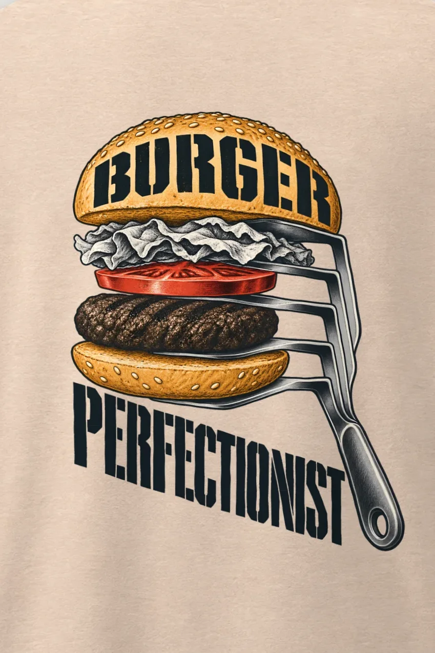 "Burger Perfectionist" Men’s Oversized Heavyweight Crewneck T-Shirt - the graphic up close