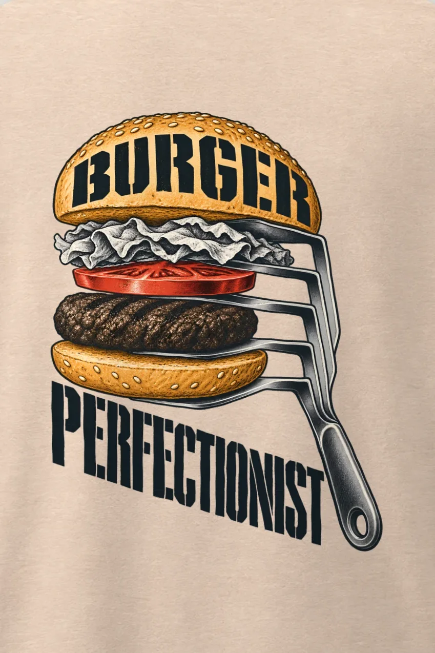 "Burger Perfectionist" Men’s Oversized Heavyweight Crewneck T-Shirt - the graphic up close