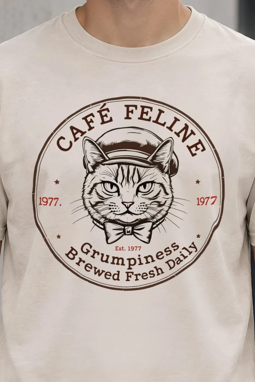"Cafe Feline 1977" Heavyweight Unisex Crewneck T-shirt - the graphic up close