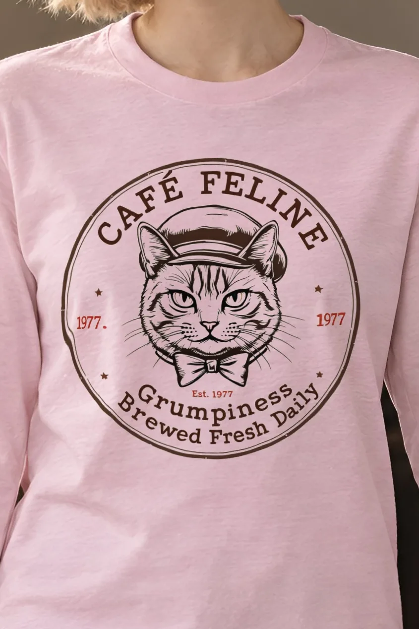 "Cafe Feline 1977" Unisex Longsleeve T-shirt - the graphic up close