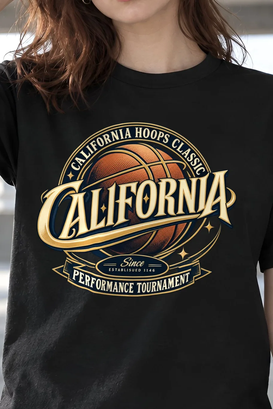 "California Hoops Classic" Heavyweight Unisex Crewneck T-shirt - the graphic up close