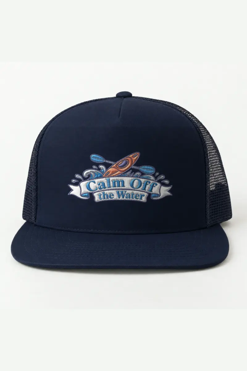 "Calm Off the Water" 5 Panel Trucker Cap · Embroidered