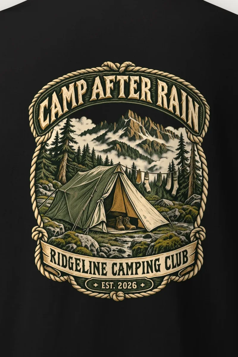 "CAMP AFTER RAIN" Heavyweight Unisex Crewneck T-shirt - the graphic up close