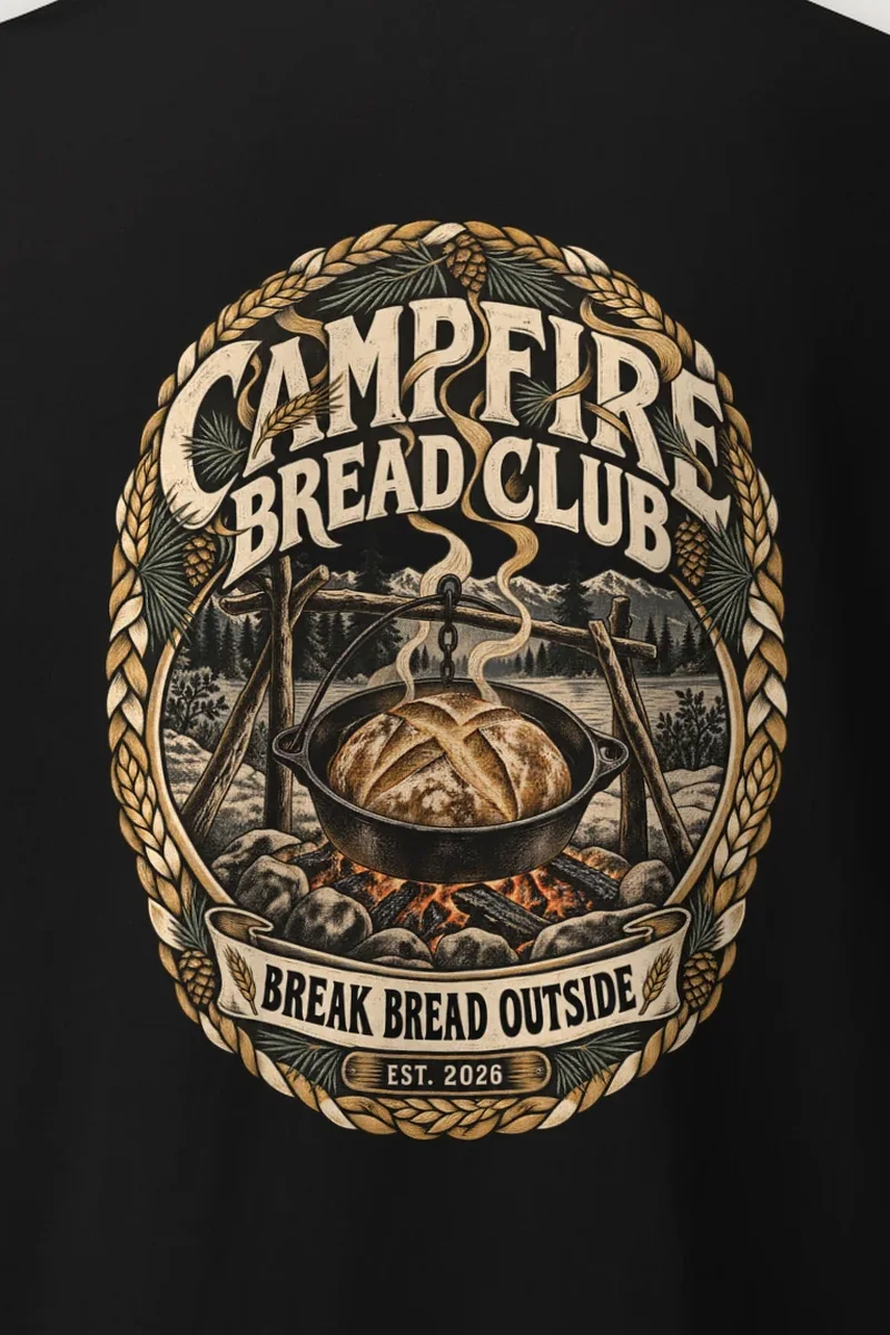"Campfire Bread Club" Heavyweight Unisex Crewneck T-shirt - the graphic up close