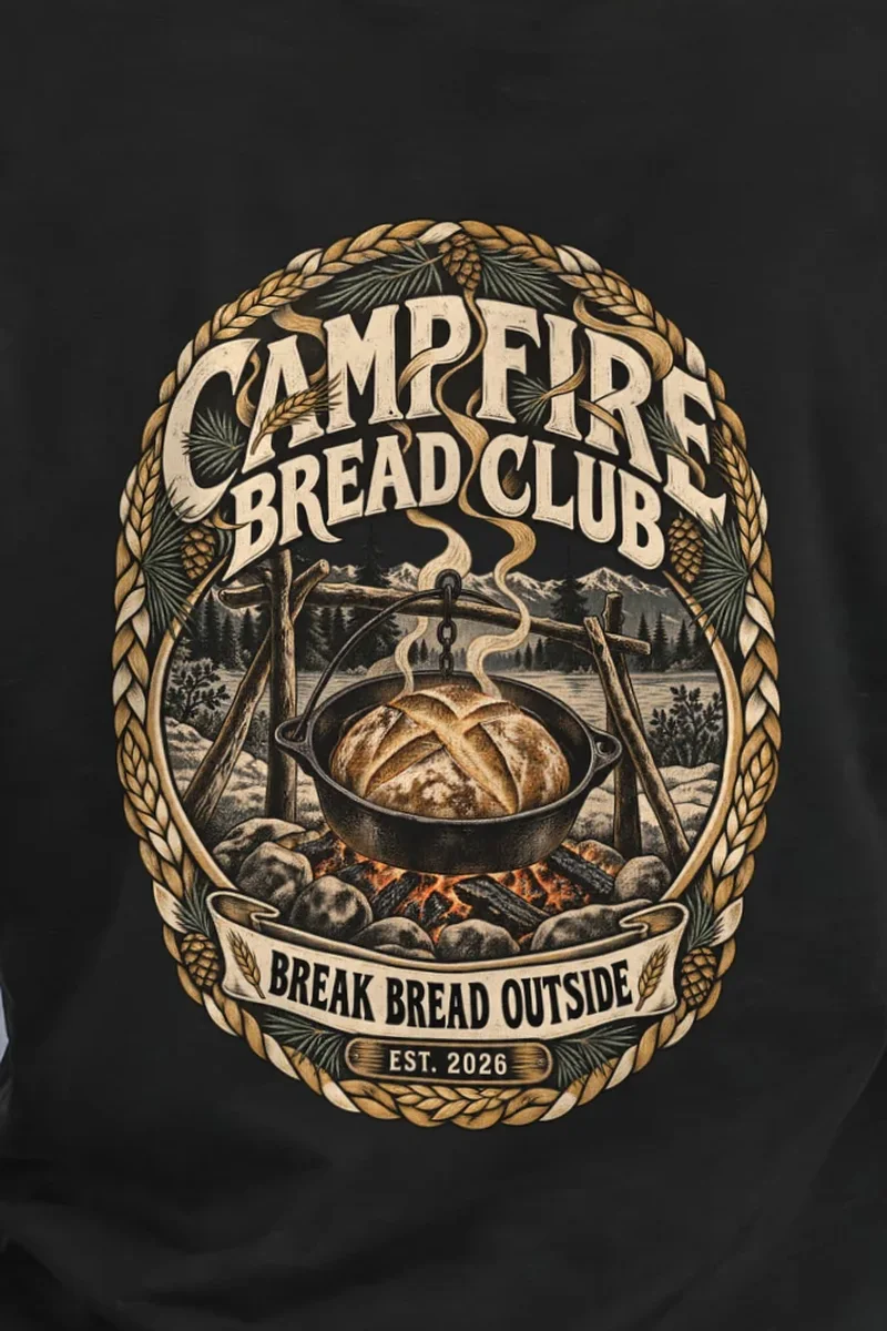 "Campfire Bread Club" Heavyweight Unisex Crewneck T-shirt - the graphic up close