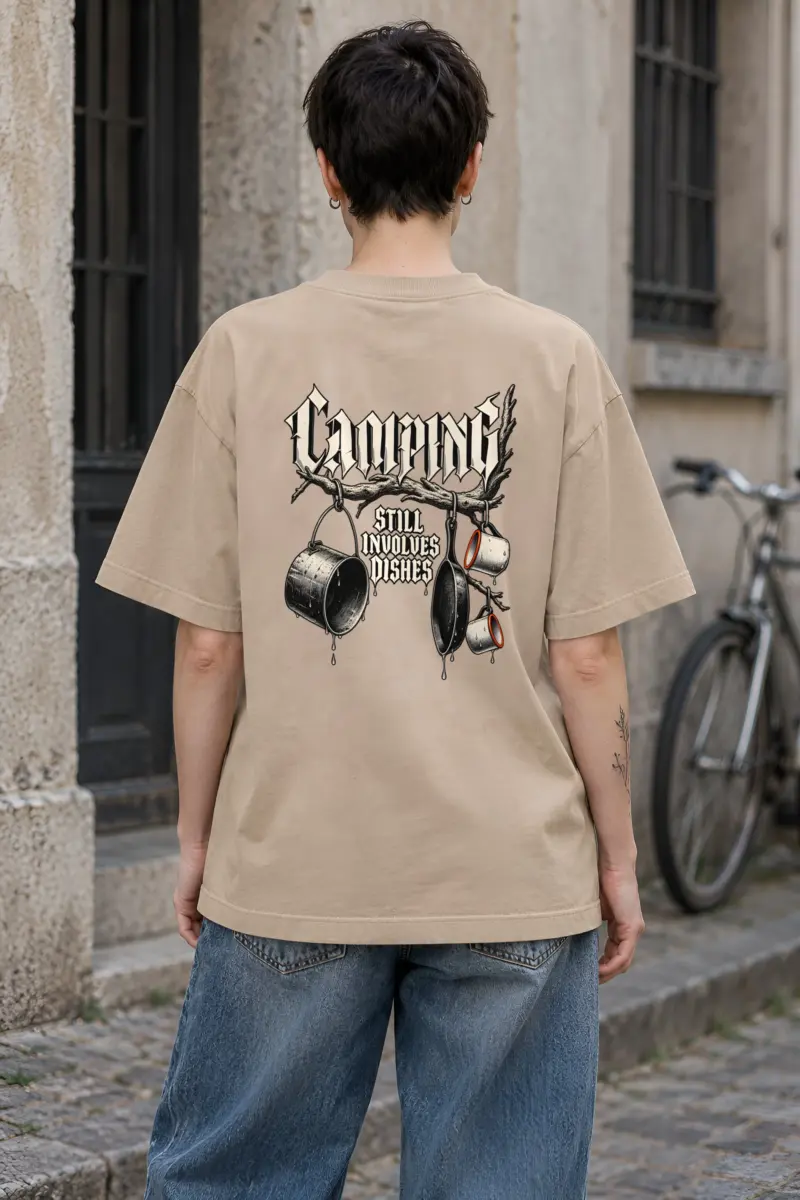 "Camping Still Involves Dishes" Unisex Oversized Heavyweight Crewneck T-Shirt