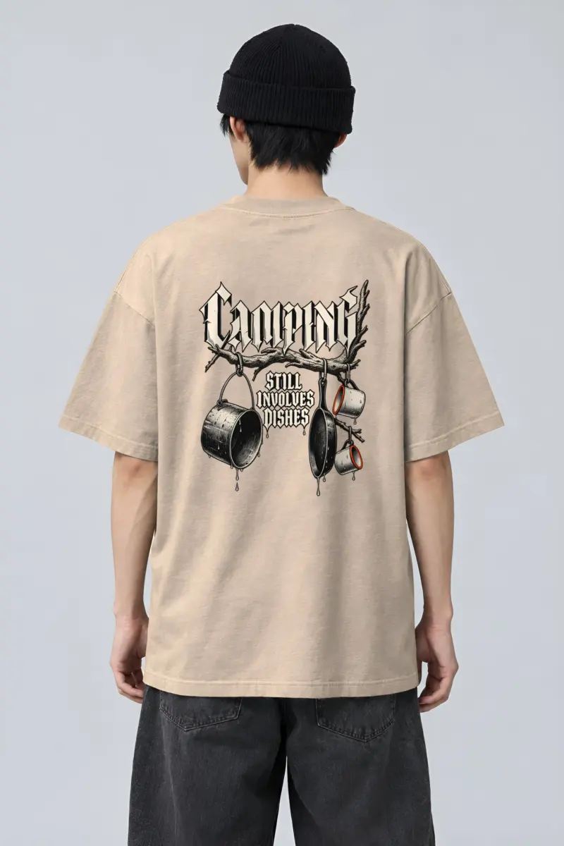 “Camping Still Involves Dishes” Men’s Oversized Heavyweight Crewneck T-Shirt