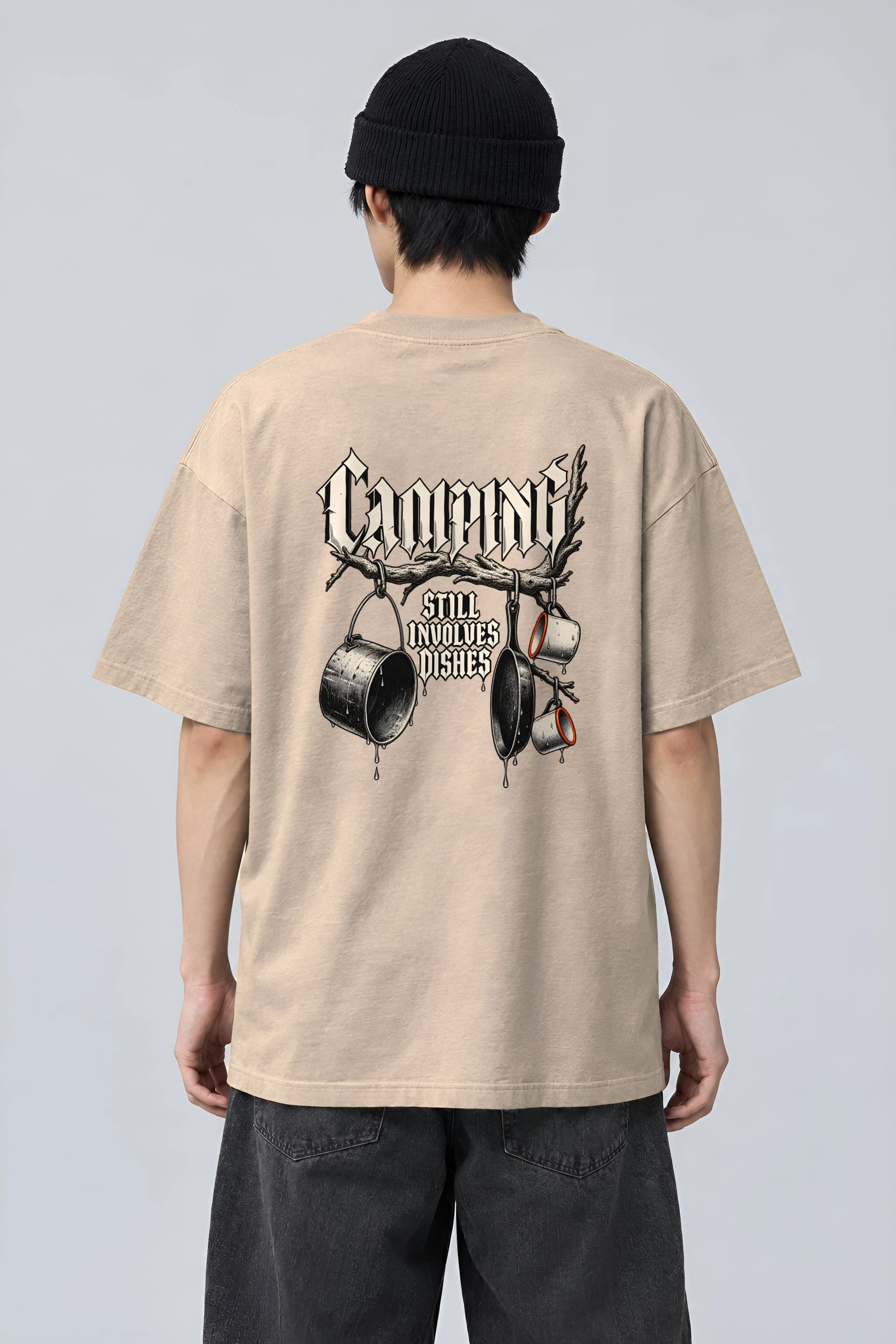 "Camping Still Involves Dishes" Men's Oversized Heavyweight Crewneck T-Shirt