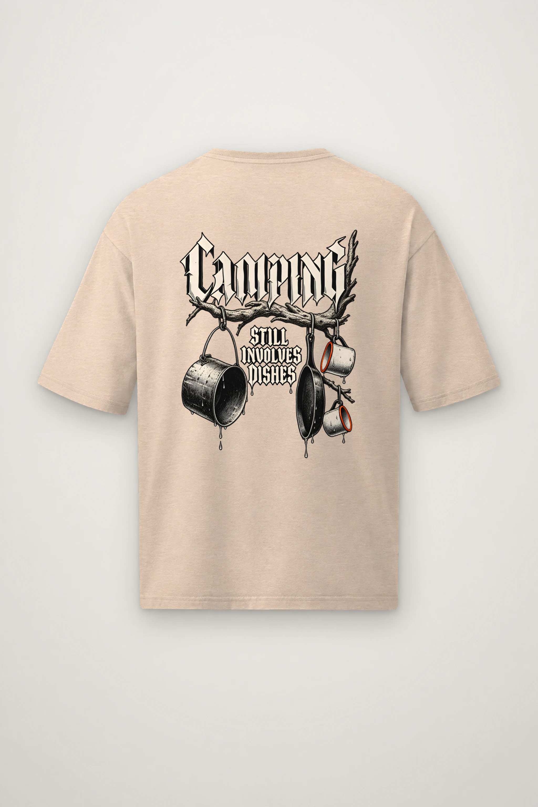 "Camping Still Involves Dishes" Men's Oversized Heavyweight Crewneck T-Shirt