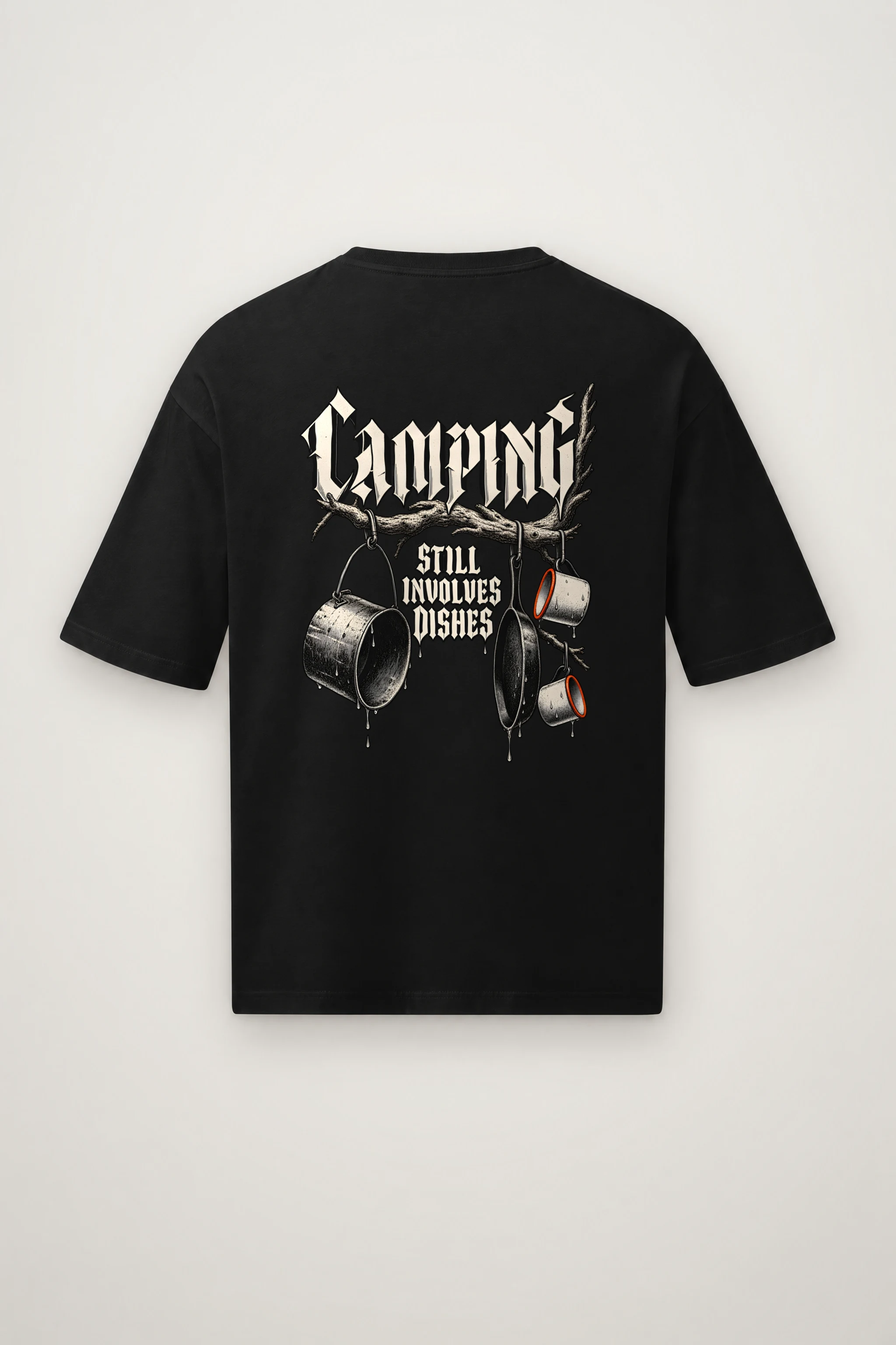 "Camping Still Involves Dishes" Men's Oversized Heavyweight Crewneck T-Shirt