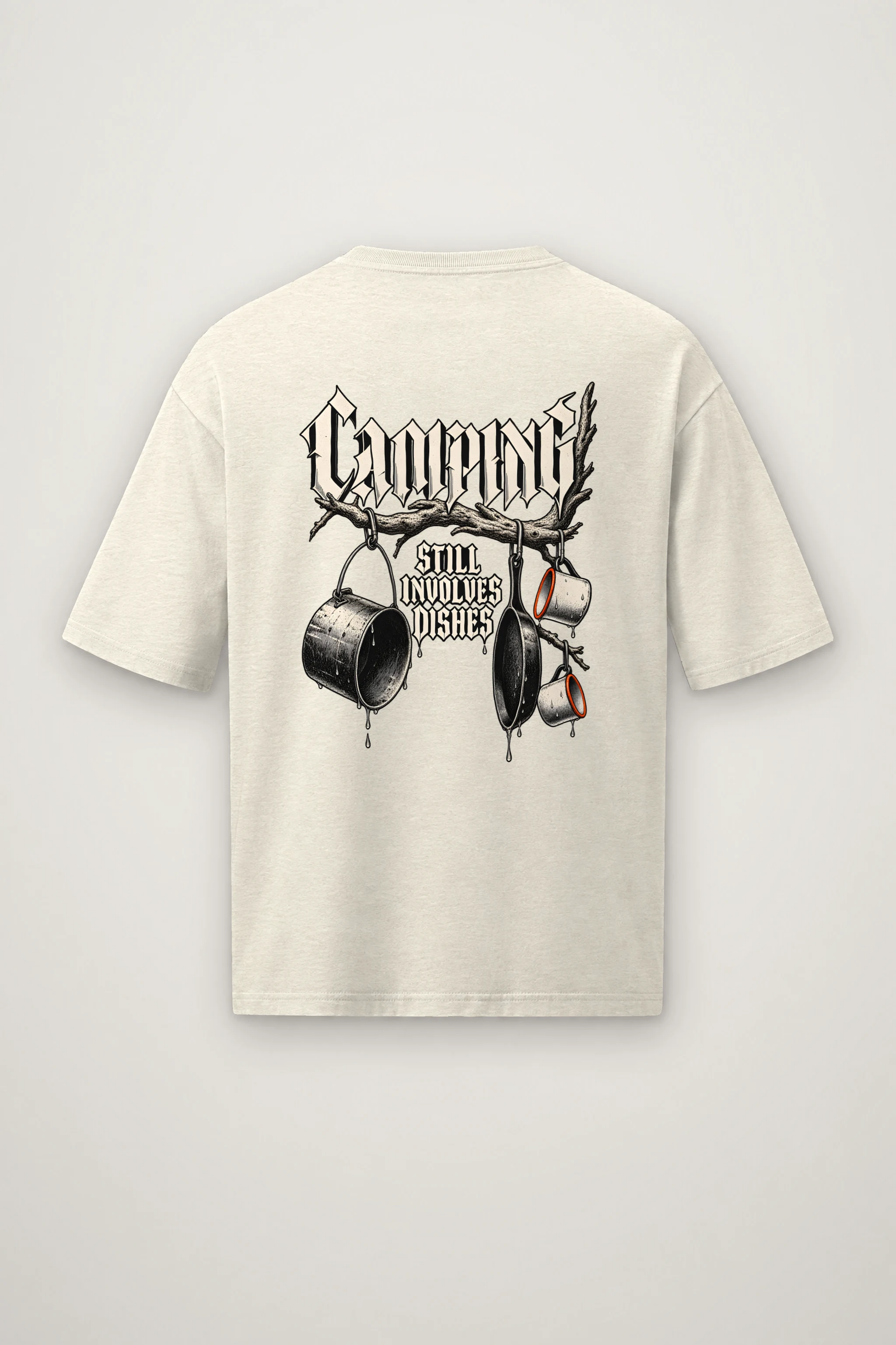 "Camping Still Involves Dishes" Men's Oversized Heavyweight Crewneck T-Shirt