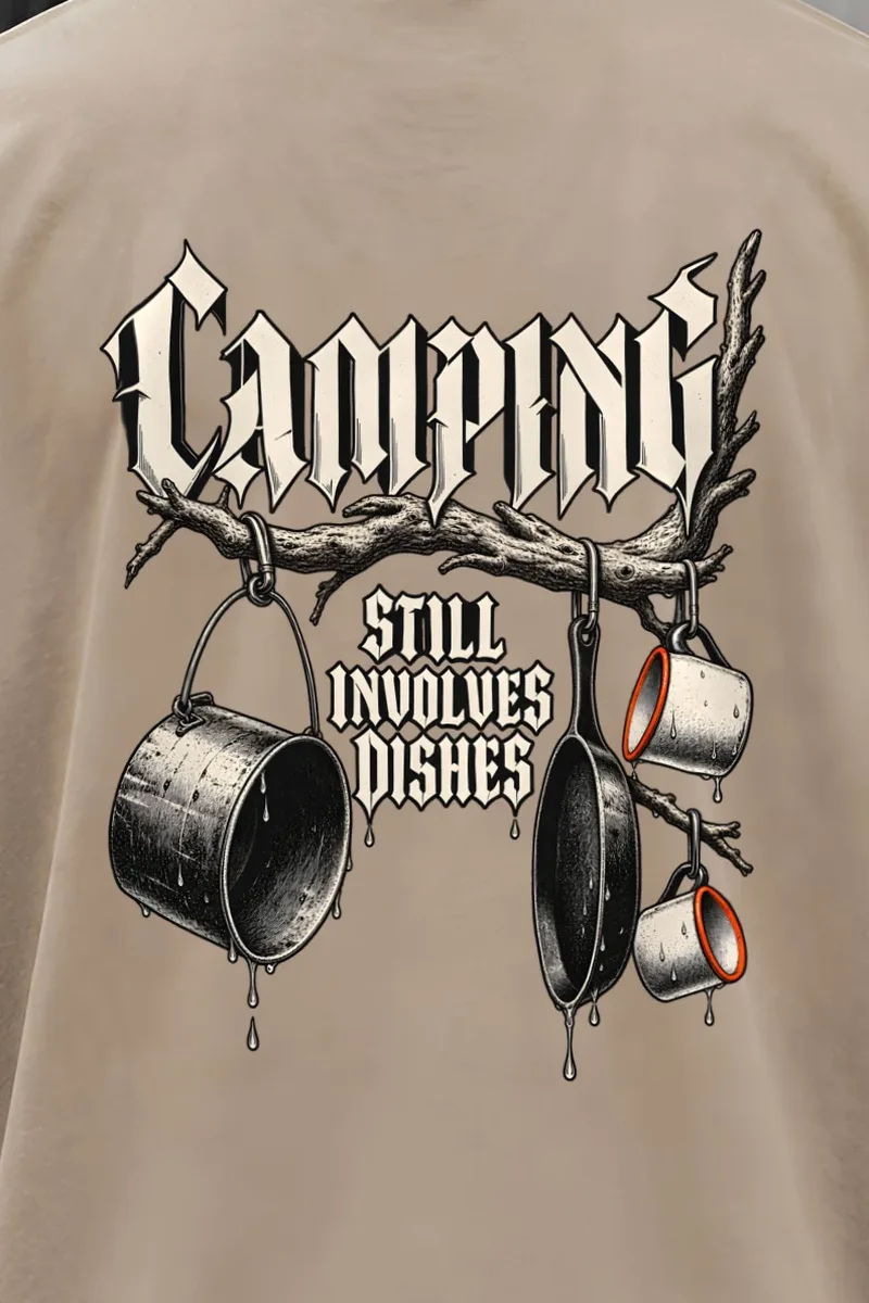 "Camping Still Involves Dishes" Men’s Oversized Heavyweight Crewneck T-Shirt - the graphic up close