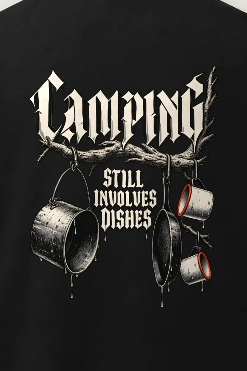 "Camping Still Involves Dishes" Men’s Oversized Heavyweight Crewneck T-Shirt - the graphic up close