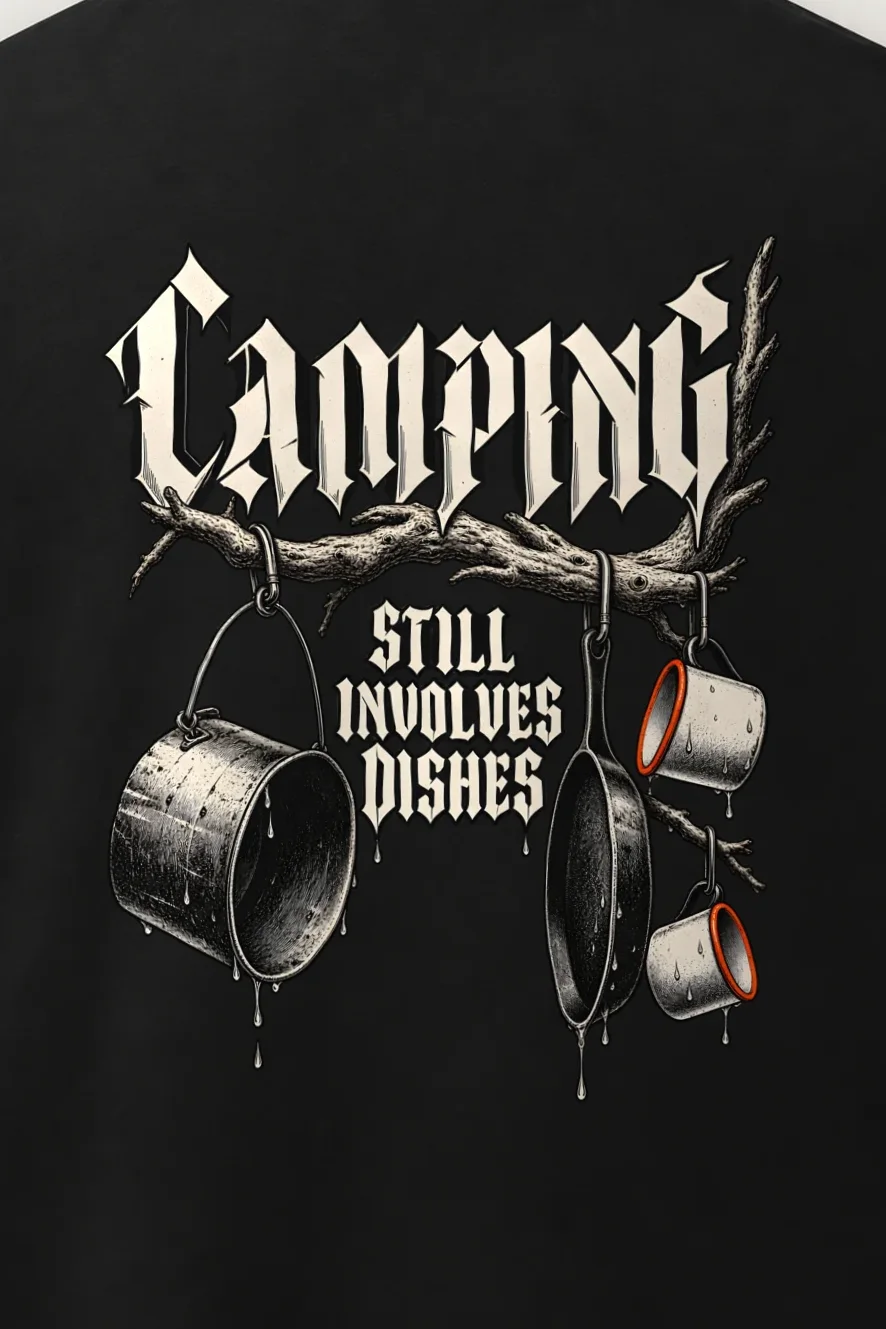 "Camping Still Involves Dishes" Men’s Oversized Heavyweight Crewneck T-Shirt - the graphic up close