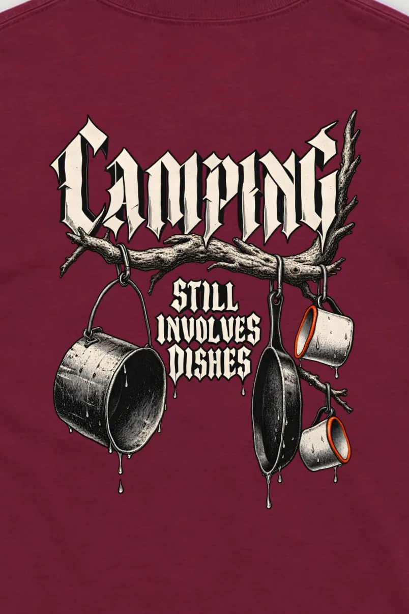 "Camping Still Involves Dishes" Unisex Longsleeve T-shirt - the graphic up close