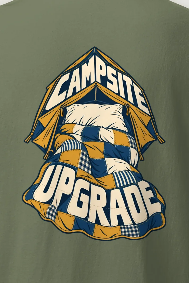 "Campsite Upgrade" Heavyweight Unisex Crewneck T-shirt - the graphic up close