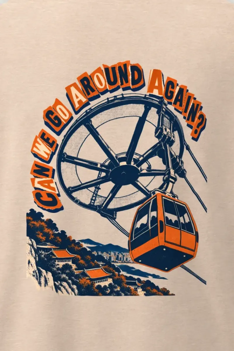 "Can We Go Around Again" Men’s Oversized Heavyweight Crewneck T-Shirt - the graphic up close
