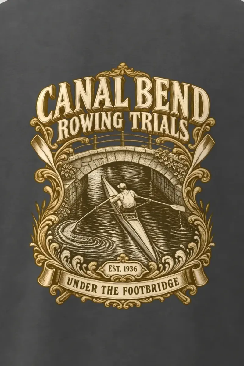 "Canal Bend Rowing Trials" Men’s Oversized Heavyweight Crewneck T-Shirt - the graphic up close