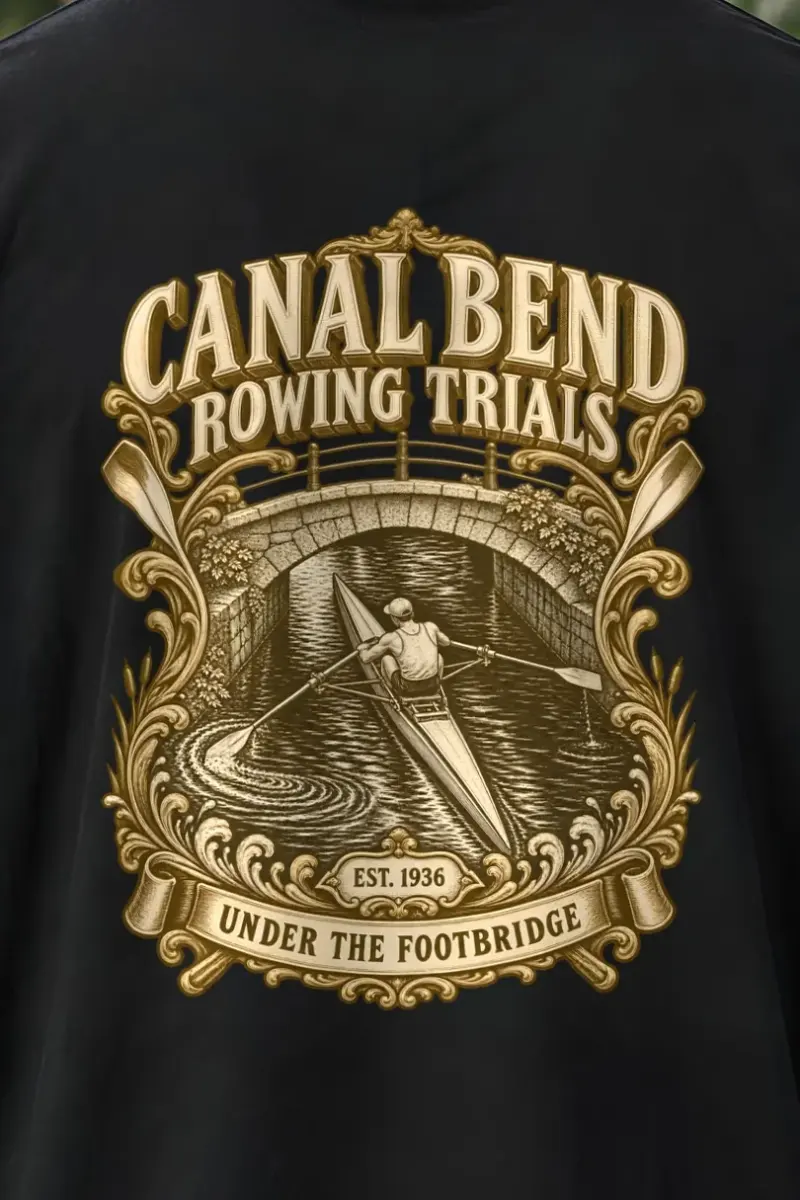 "Canal Bend Rowing Trials" Men’s Oversized Heavyweight Crewneck T-Shirt - the graphic up close