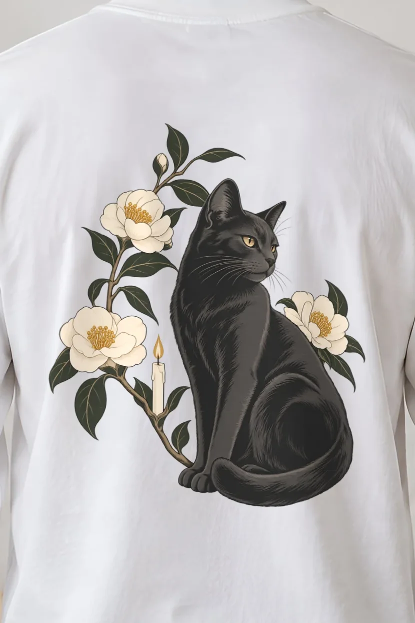 "Candlelit Garden Cat" Unisex Longsleeve T-shirt - the graphic up close