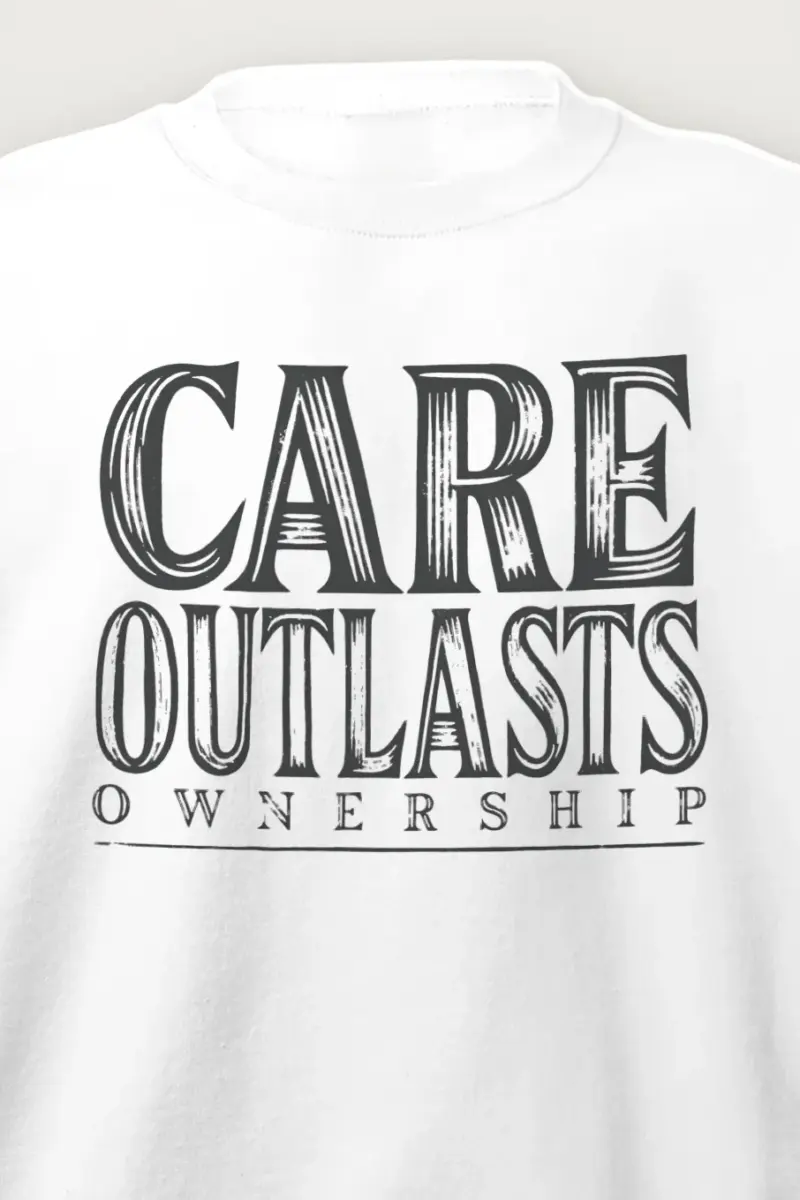 "Care Outlasts Ownership" Heavy Blend Unisex Crewneck Sweatshirt - the graphic up close